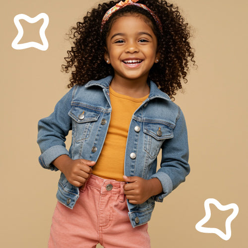 Child wearing a denim jacket and pink pants on a beige background