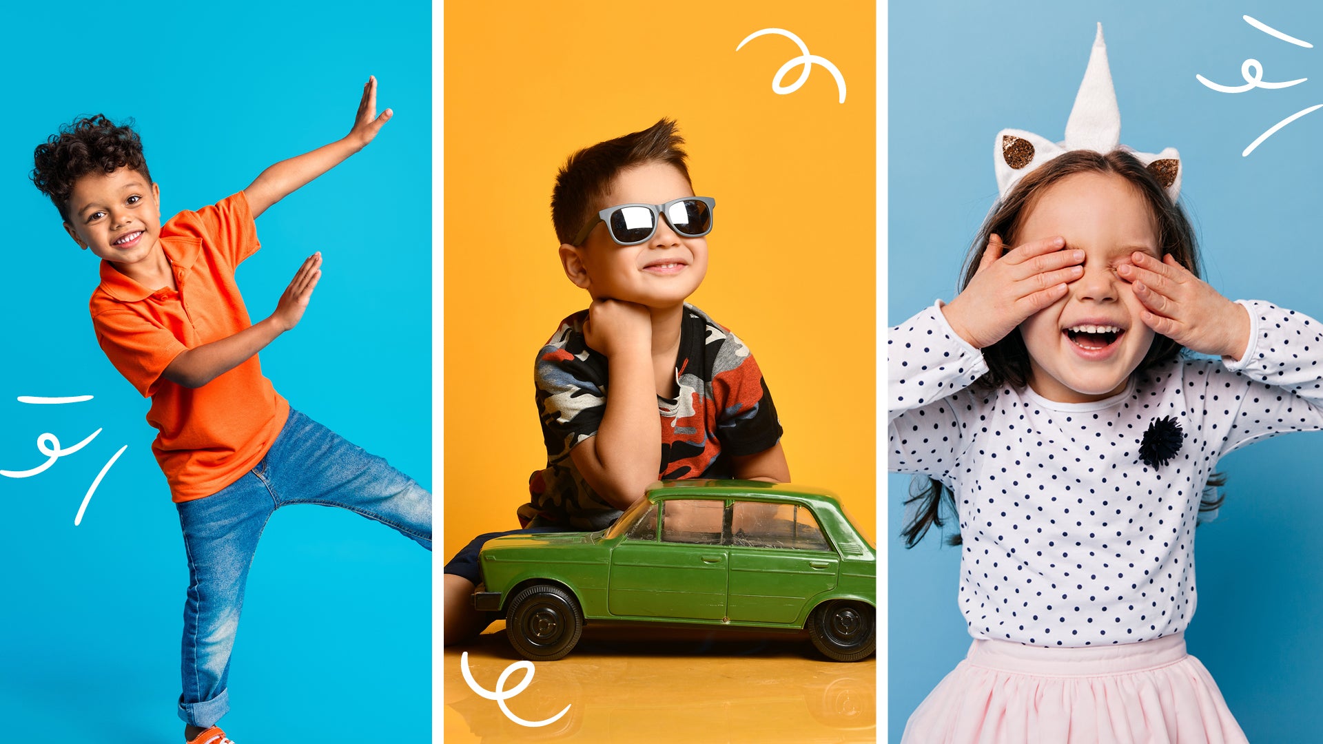 Three children in different poses with colorful backgrounds
