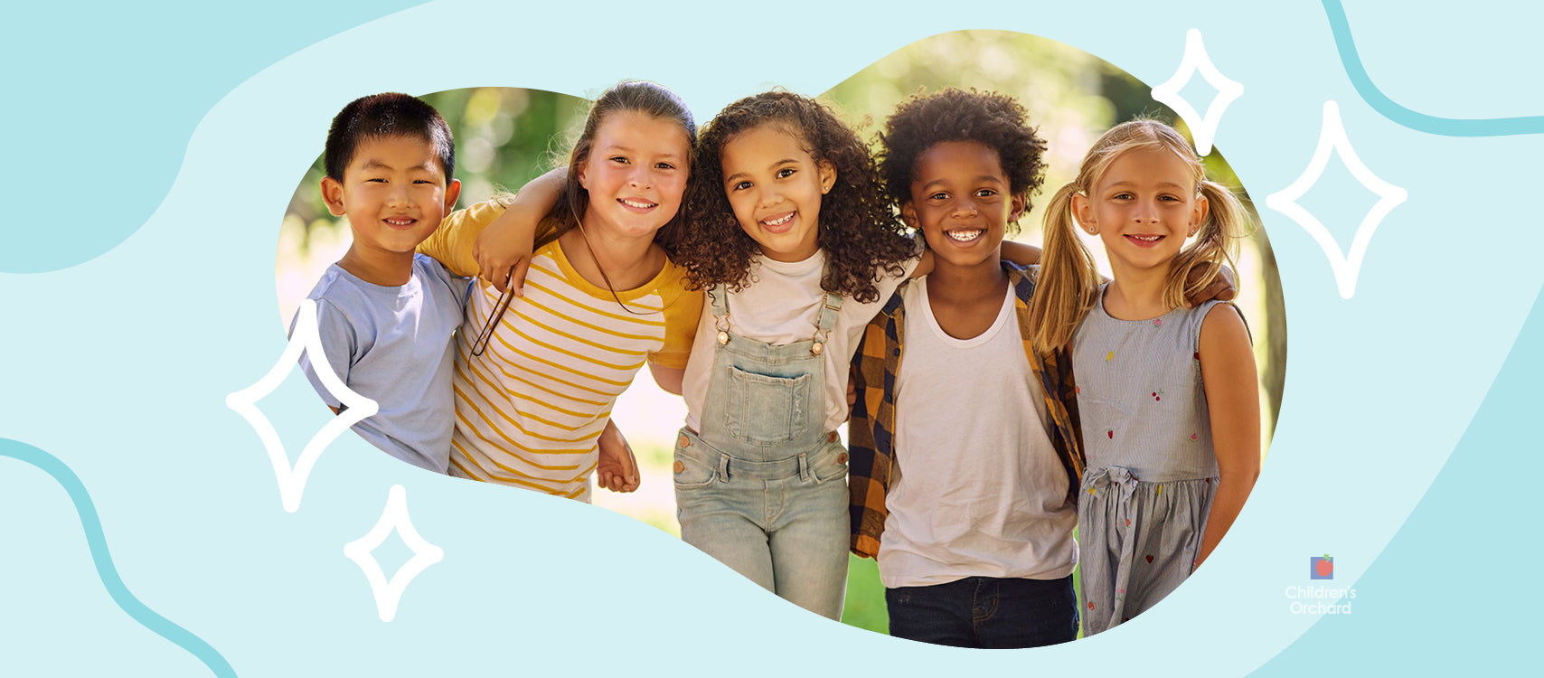 Five children standing together with a decorative border on a light blue background