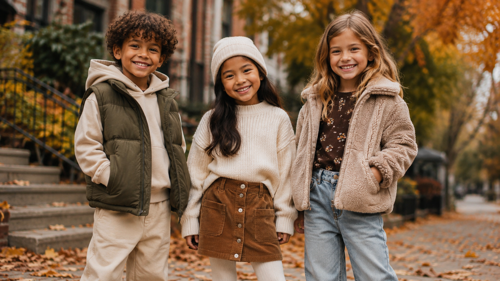 Three children standing outdoors on an autumn street wearing cozy fall clothing. The child on the left wears an olive green puffer vest over a cream hoodie and beige pants.
