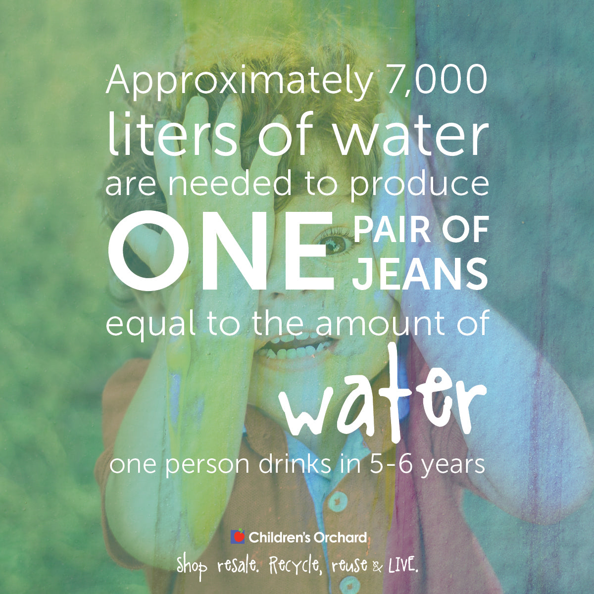 Person holding a water bottle with environmental message about water usage for jeans production.