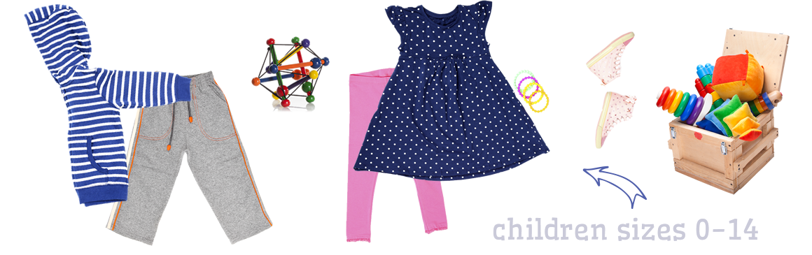 Children's Orchard outfits on white background: blue hooded sweater with khaki pants, navy shirt with pink leggings, small wood box with toys coming out of the top