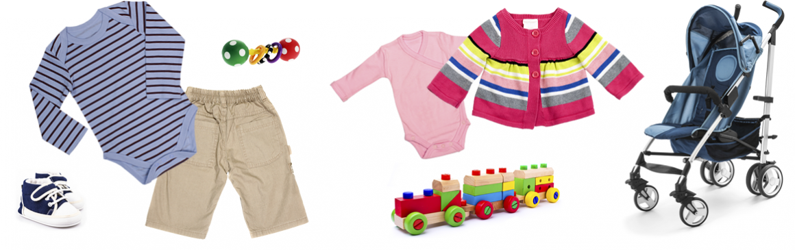 Children's Orchard kids clothes and equipment on white background: long-sleeve blue onsie, baby khaki pants, pink onsie with red and yellow stripped sweather, stroller