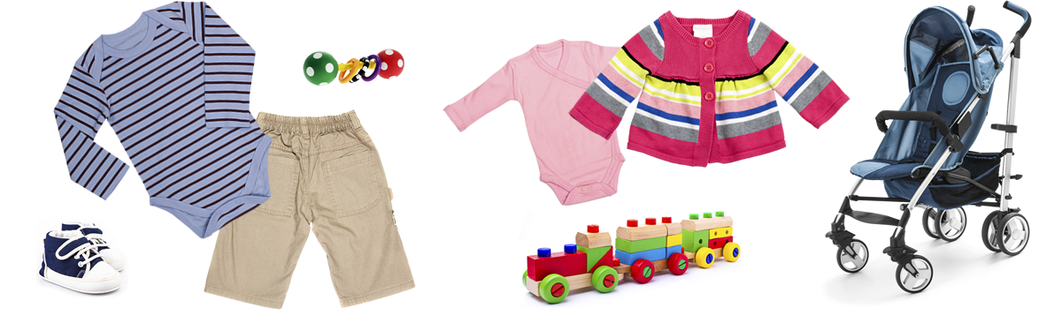 Children's Orchard kids clothes and equipment on white background: long-sleeve blue onsie, baby khaki pants, pink onsie with red and yellow stripped sweather, stroller