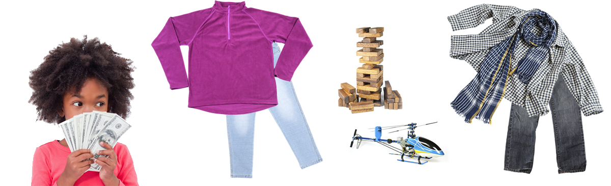 Children's Orchard little girl holding dollar bills in front of her face, long-sleeve fleece purple jacket with light-color jeans, Jenga game, grey jacket with boys brown pants