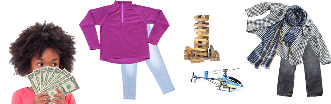 Children's Orchard little girl holding dollar bills in front of her face, long-sleeve fleece purple jacket with light-color jeans, Jenga game, grey jacket with boys brown pants