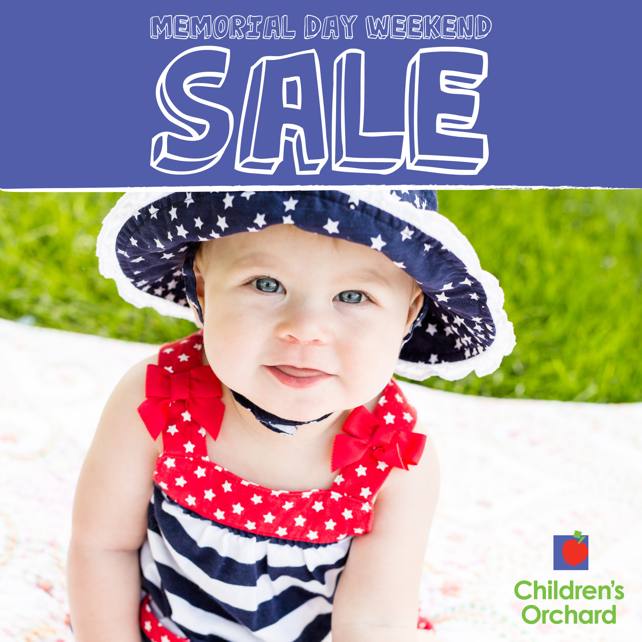 Memorial Day Sale. Baby wearing star patterned bucket hat with matching hat sitting on a blanket outside.