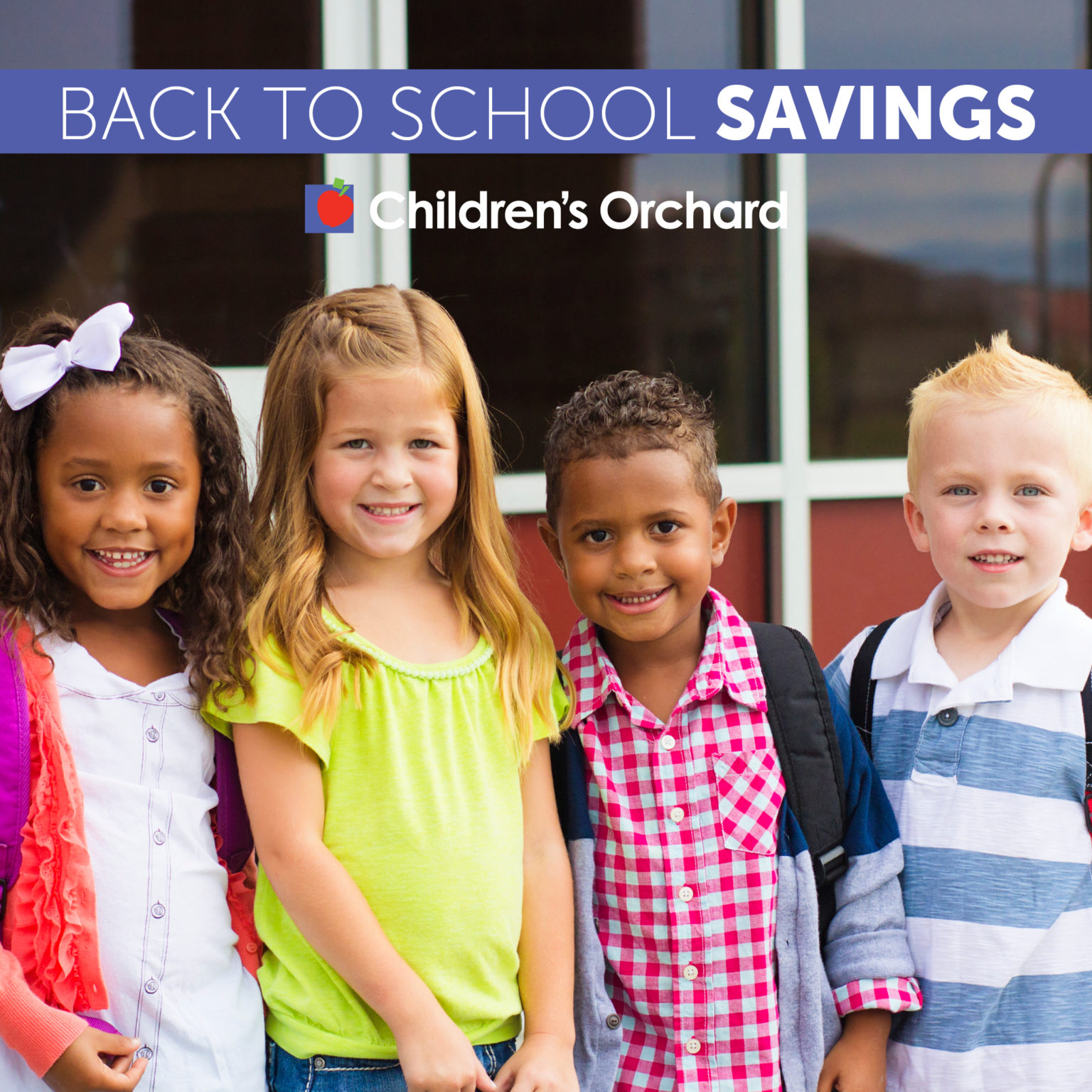 Back to school savings. Group of kids outside of school.