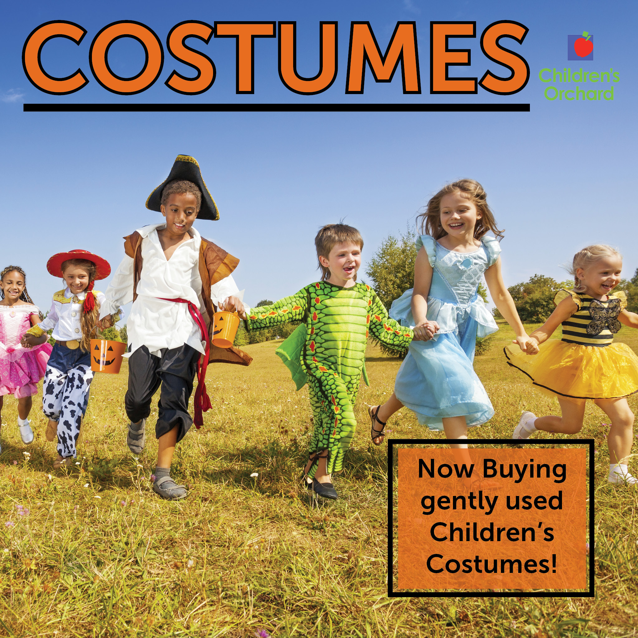 Children's Orchard graphic with kids dressed in costumes and text that says now buying gently used children's costumes