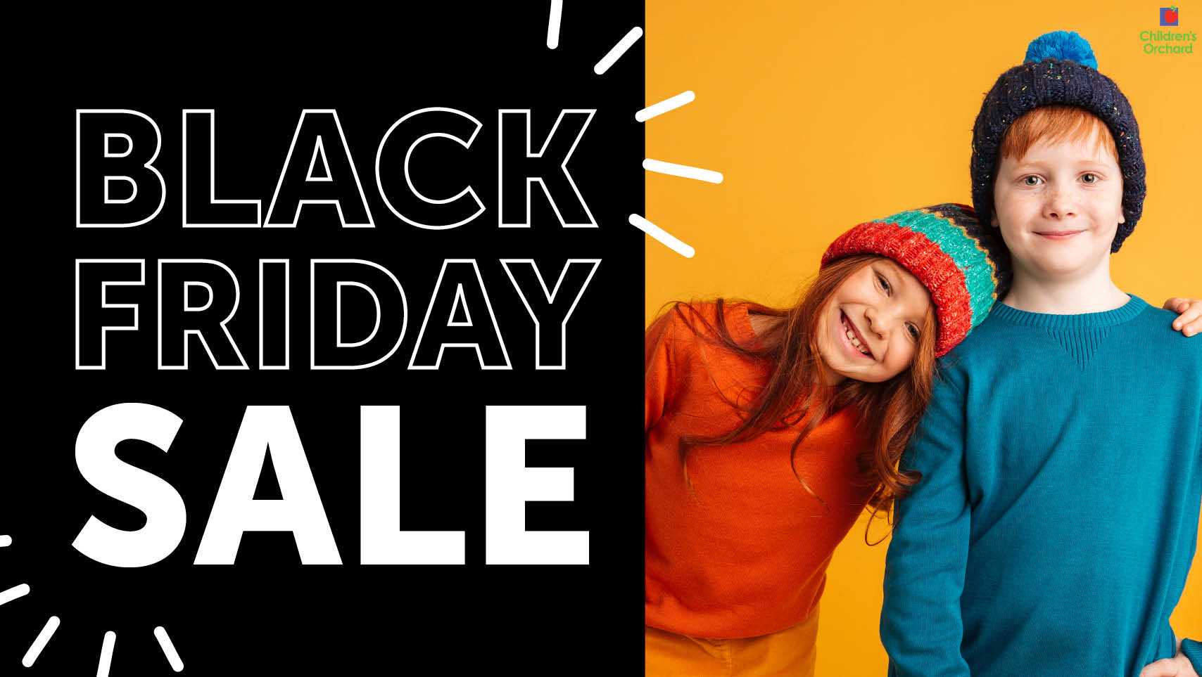 Black Friday Sale. Two kids wearing hats and sweaters.