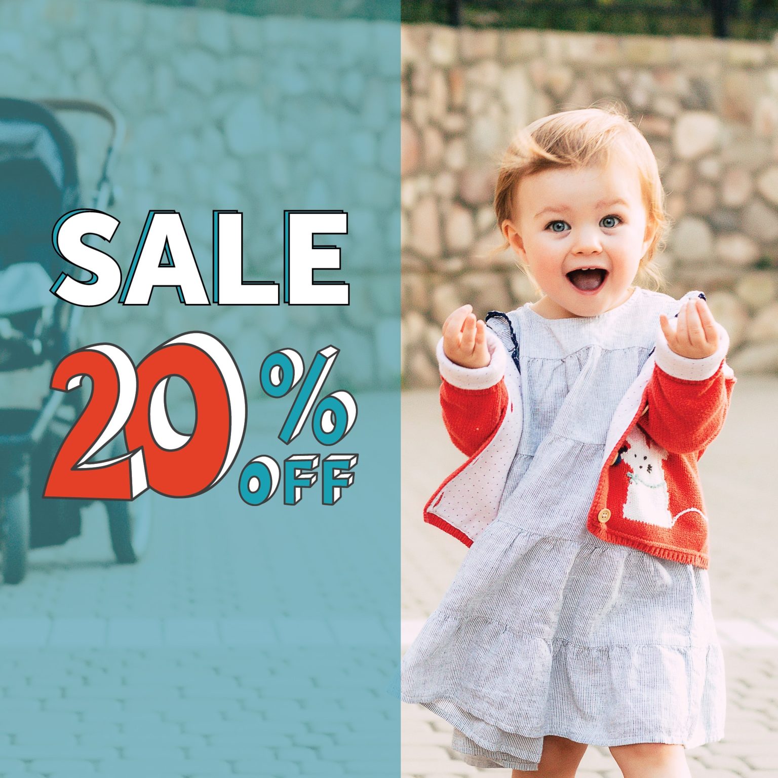 Sale: 20% off. Toddler aged girl excited outside.