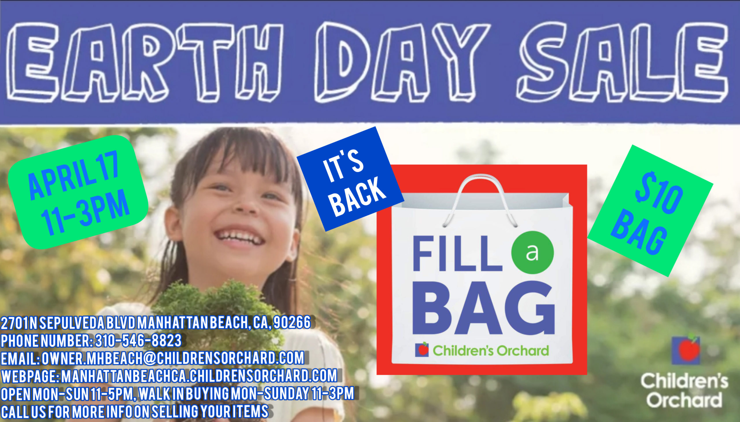 Earth day sale: April 17, 11am-3pm. Fill a bag: it's back, $10 bag.