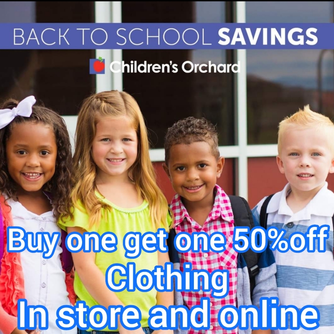 Back to school savings: buy get one one 50% off clothing, in store and online.