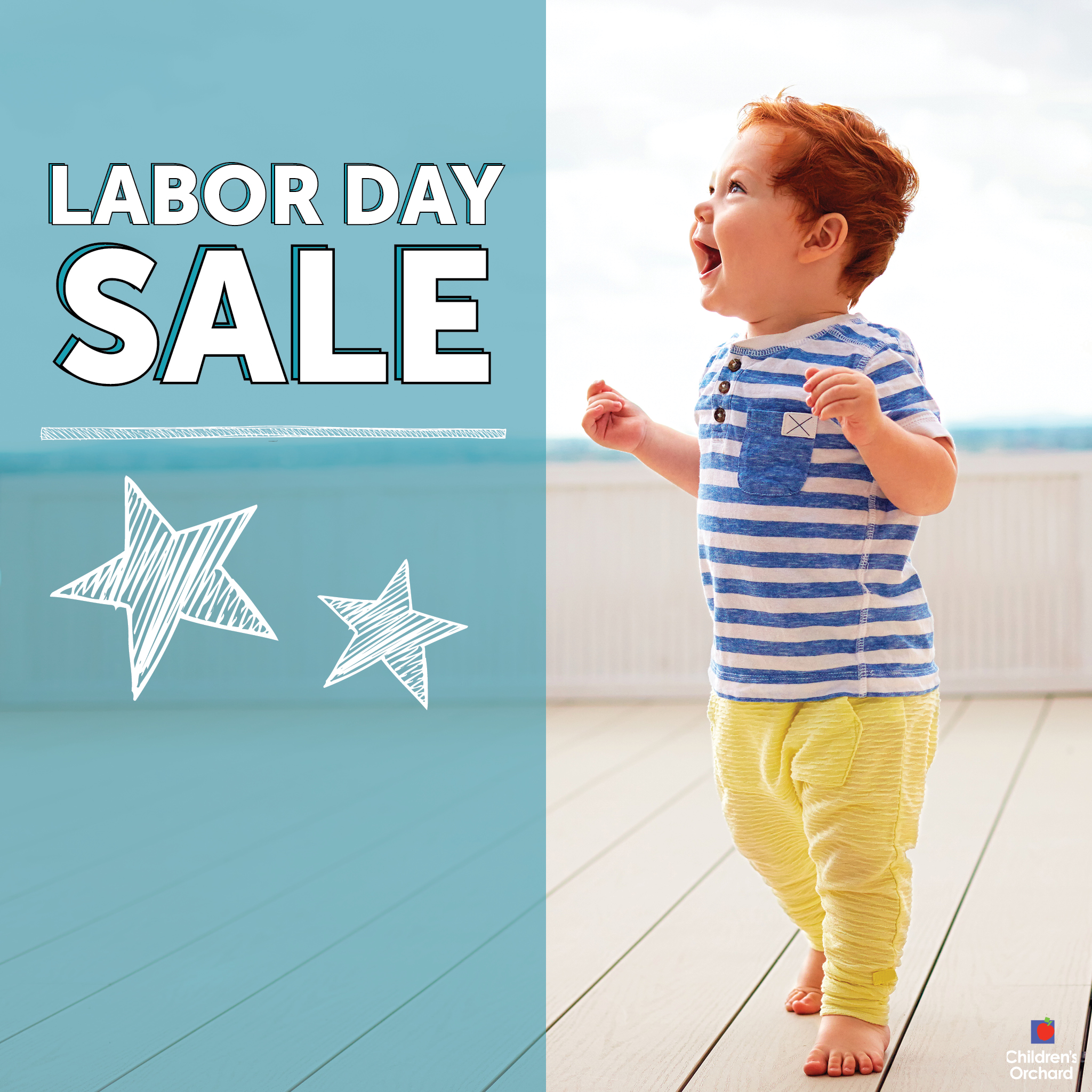 Labor Day Sale. Toddler age boy wearing striped shirt and yellow pants