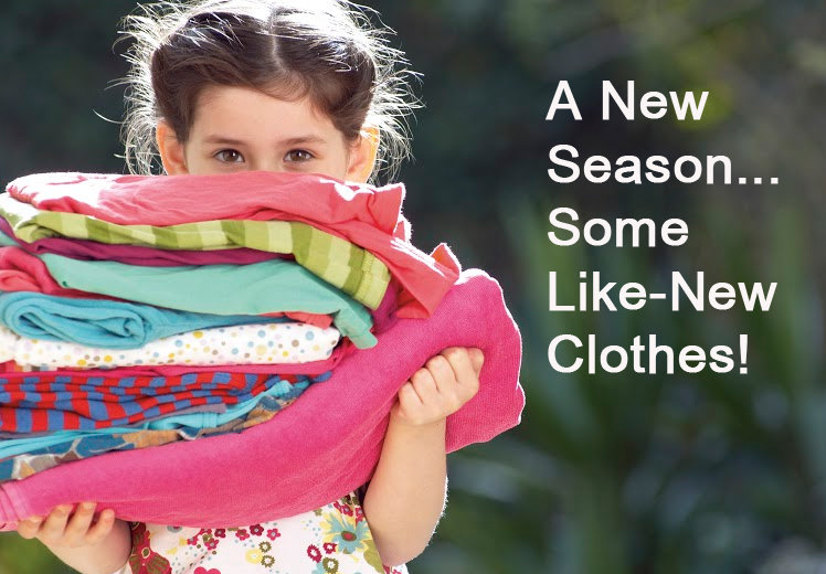 Children's Orchard girl holding stack of clothing in her arms with text that says a new season, some like-new clothes