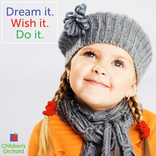 Children's Orchard own a franchise promotion, little girl with trendy knitted hat and scarf, text that says dream it, wish it, do it