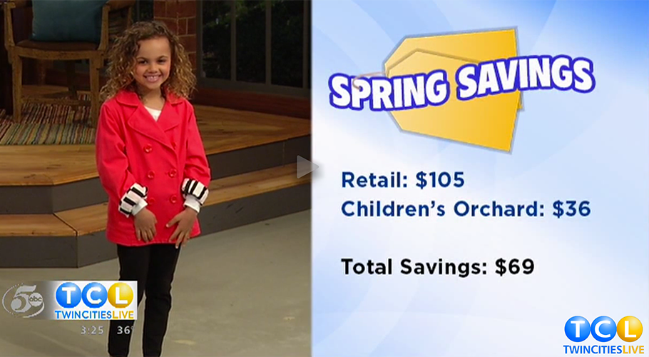 Children's Orchard screenshot of Twin Cities Live show featuring clothes, little girl wearing red jacket and black pants