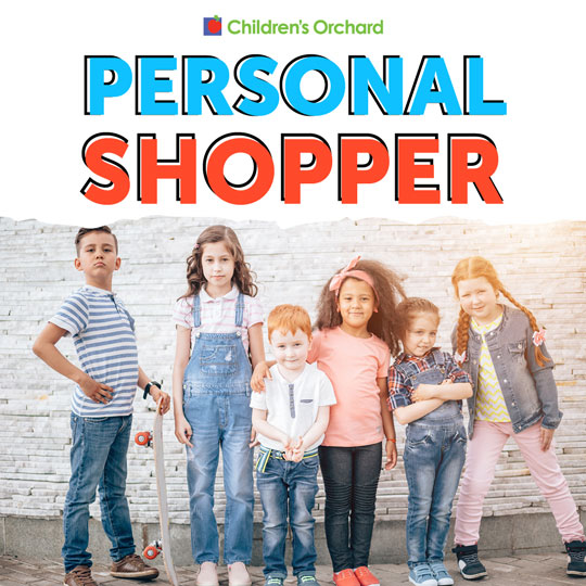 Personal shopper. Group of kids of various ages standing outside.
