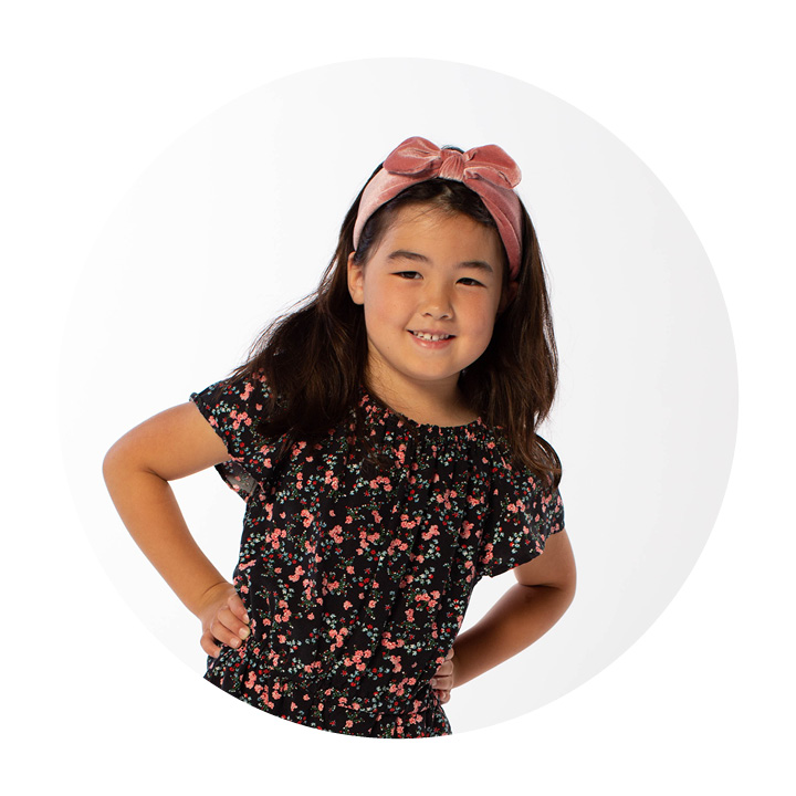 Preschool aged girl wearing a floral dress and pink headband.